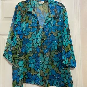 Floral blue button up blouse size extra large
